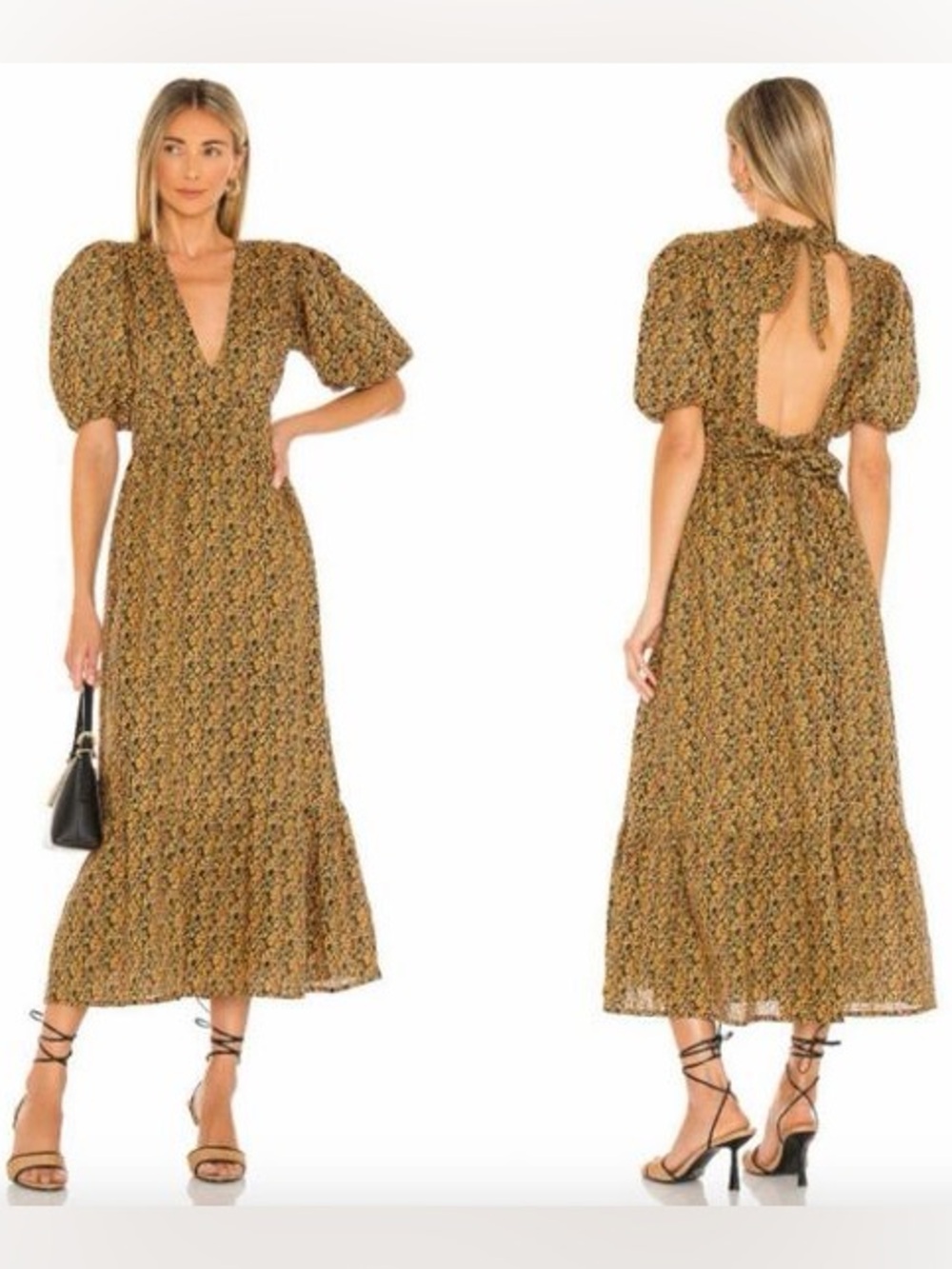 Faithfull the Brand Romilla Floral Backless Puff-Sleeve Midi Linen Dress